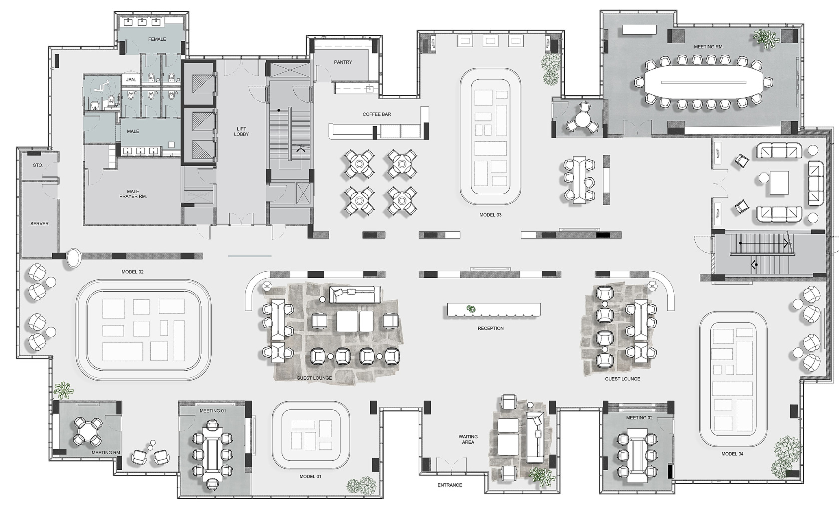 Mlahi Headquarters ground-floor plan showing reception, guest lounges, model displays, meeting rooms and support spaces