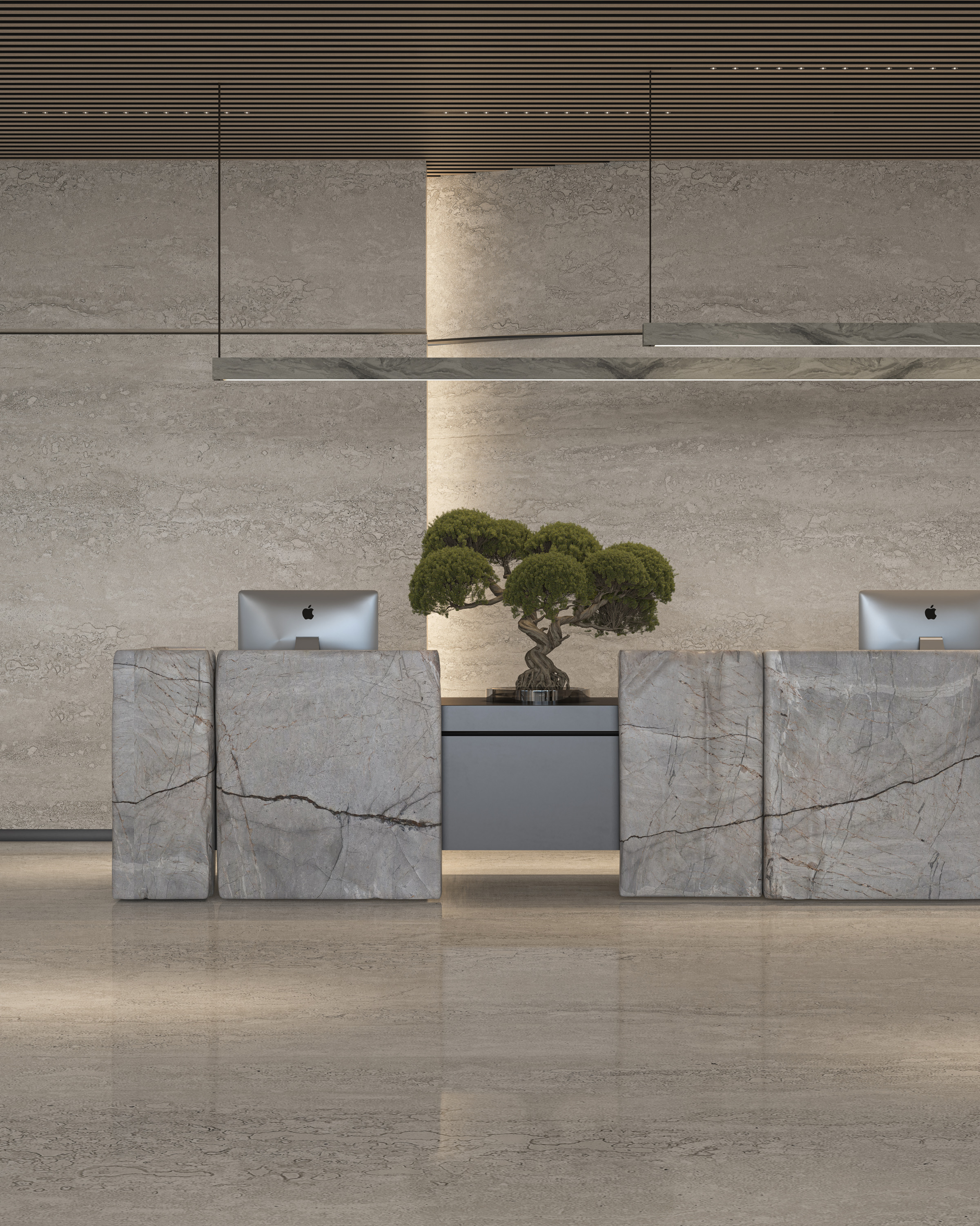 Stone veining and a sculptural tree at the reception desk