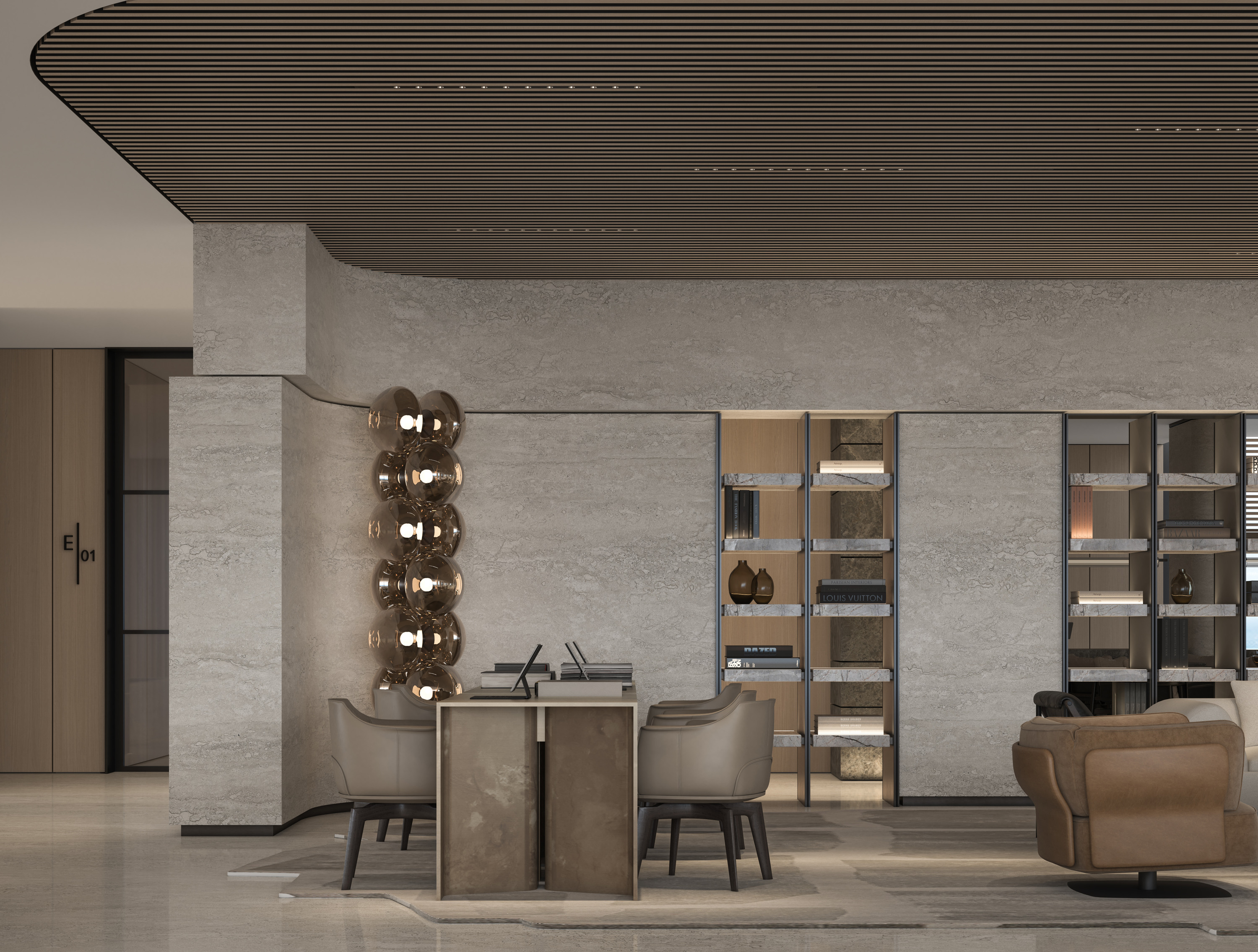 A quiet meeting corner with bronze sculptural lighting