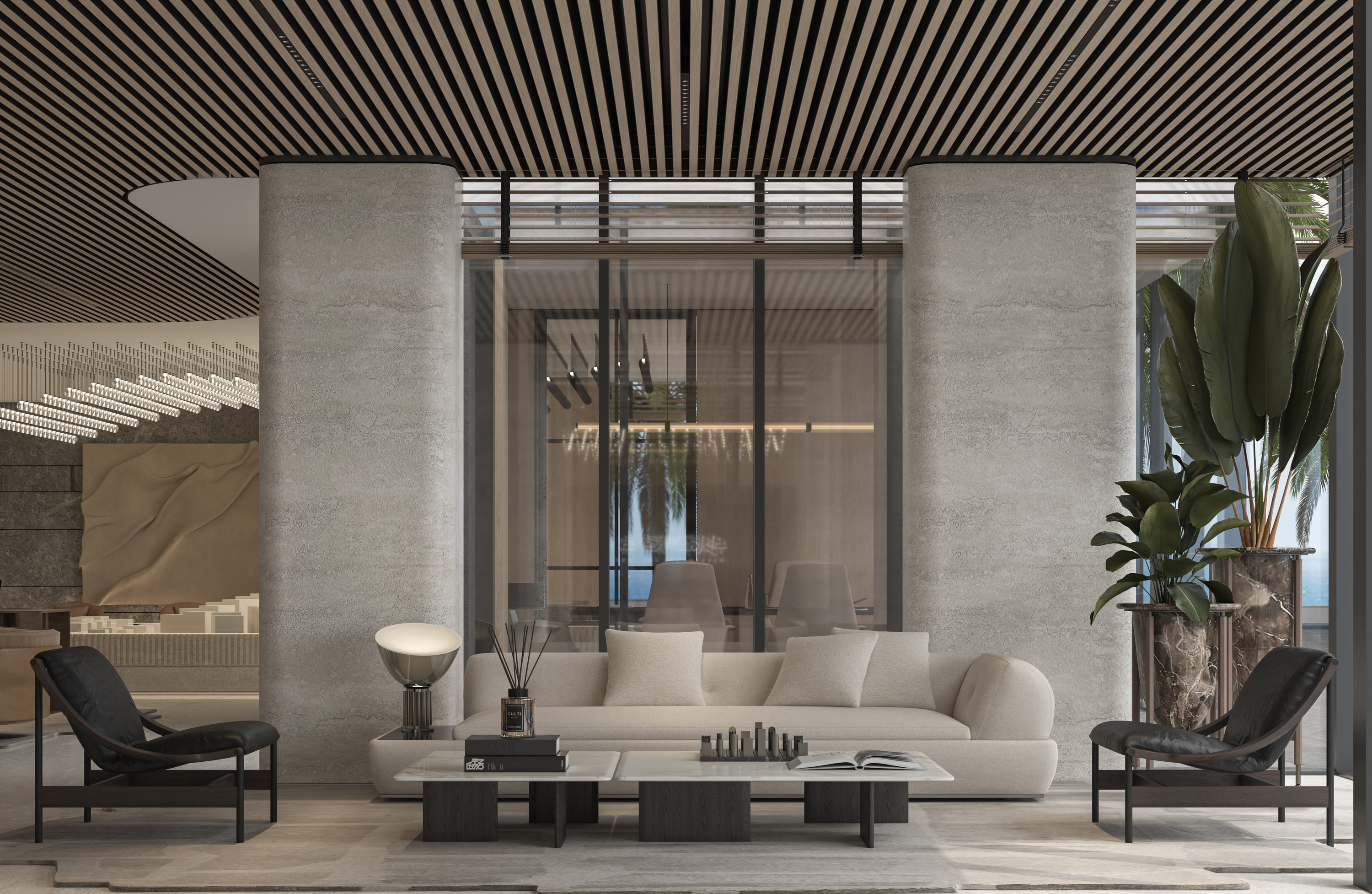 Pale curved sofa, black leather chairs and a sculpted timber ceiling