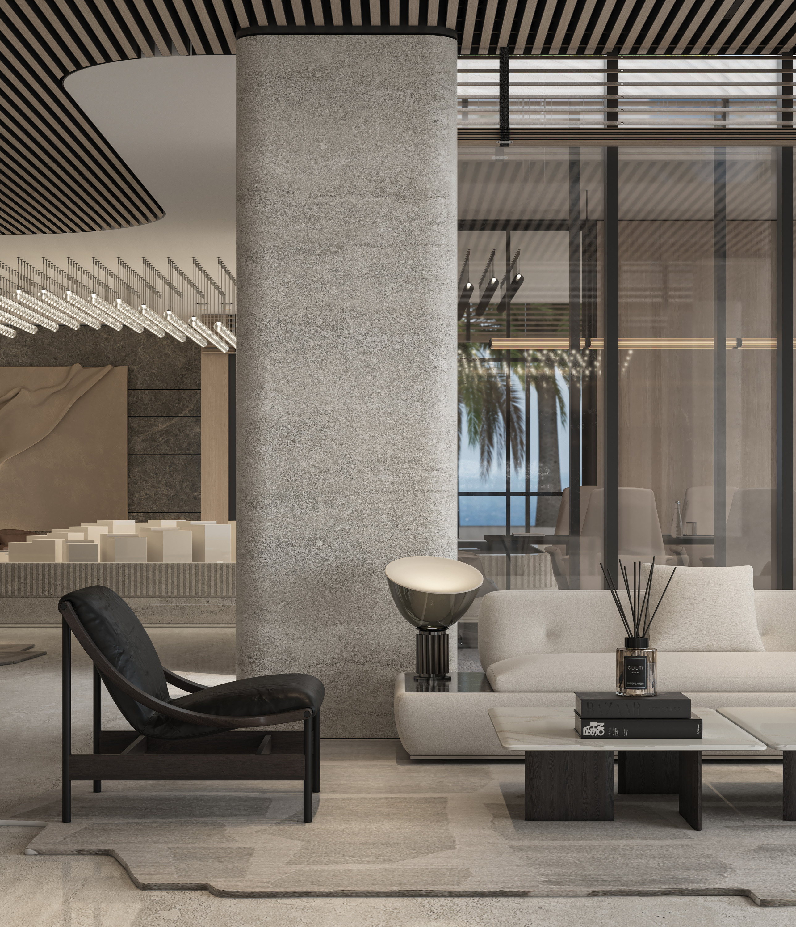 Black lounge chair and pale sofa under the rhythmic timber ceiling