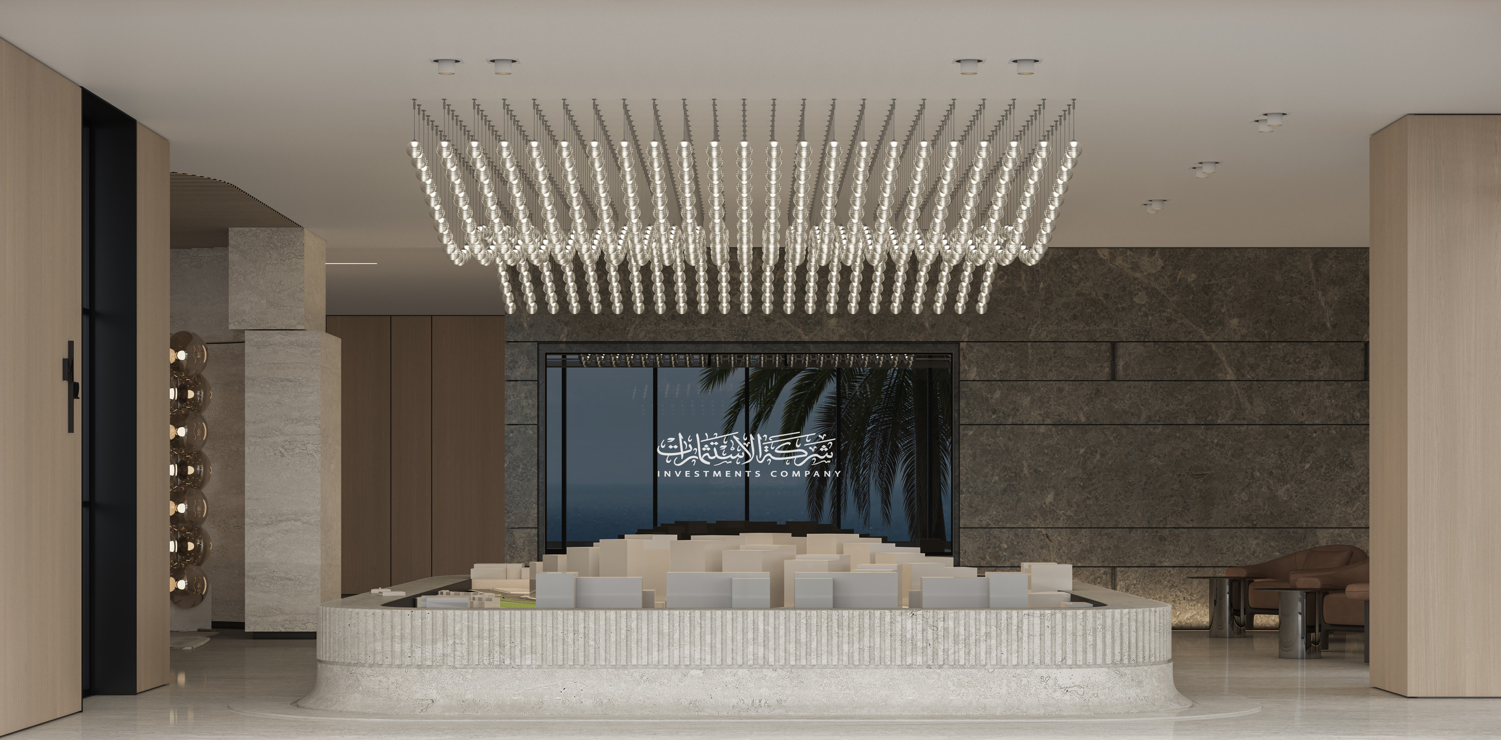 Close composition of the suspended lights over an architectural model