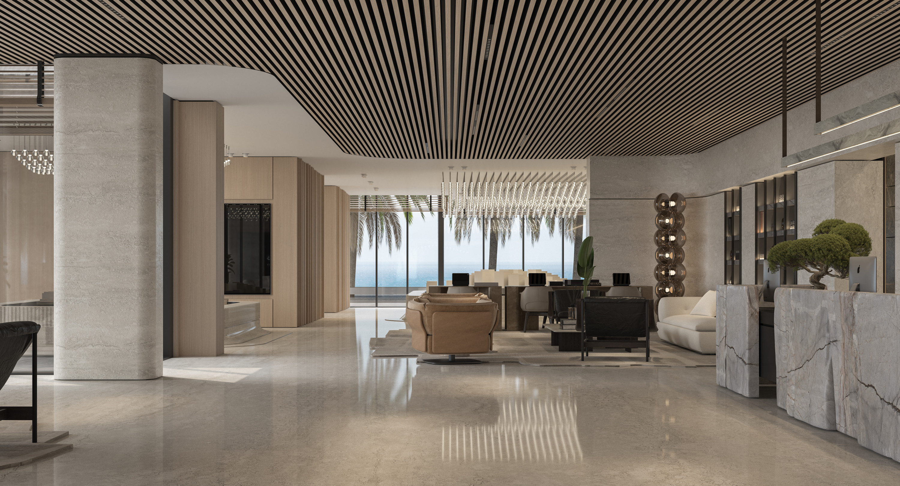 View through the ground-floor lobby toward the model displays and lounge