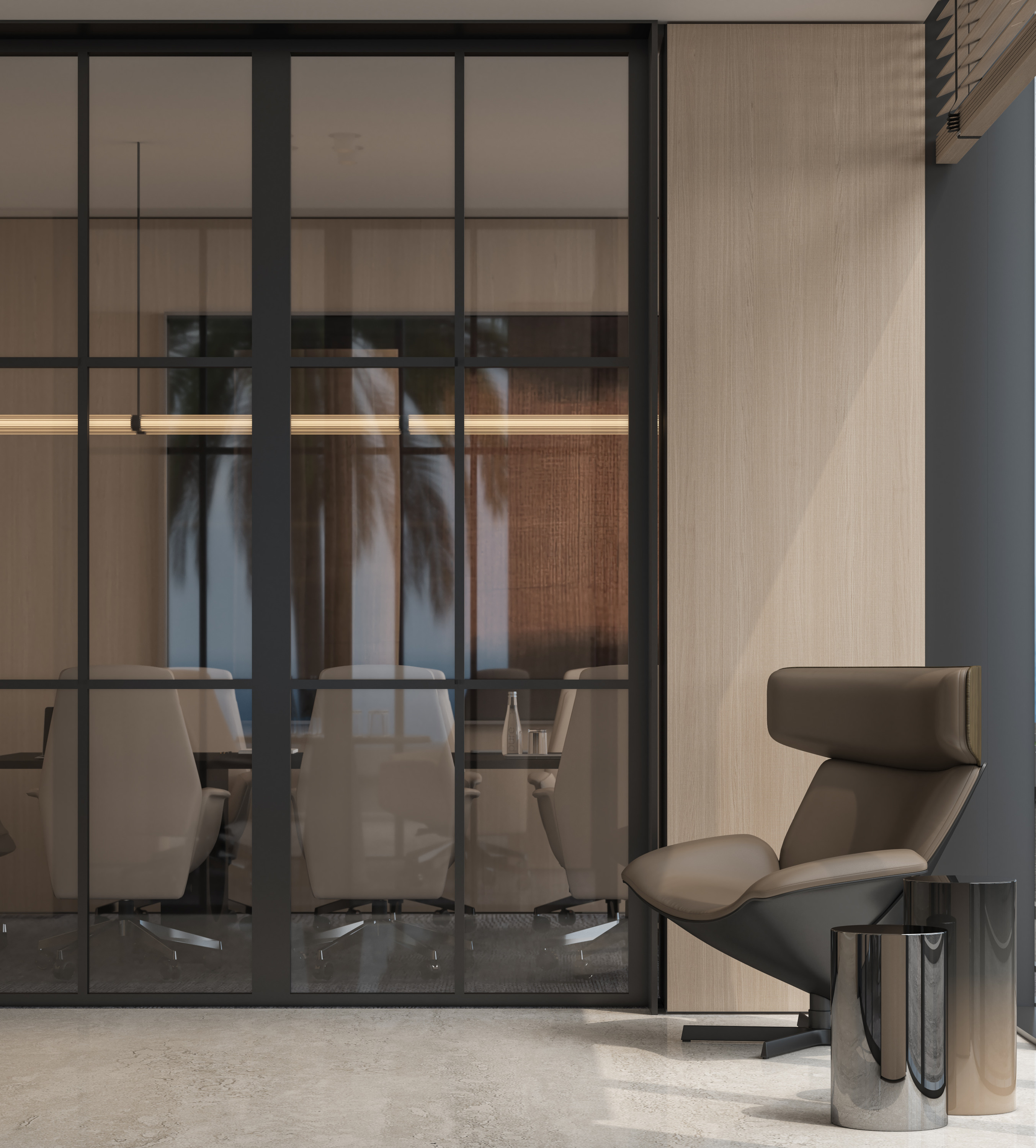 Glass meeting-room door, timber panelling and a lounge chair